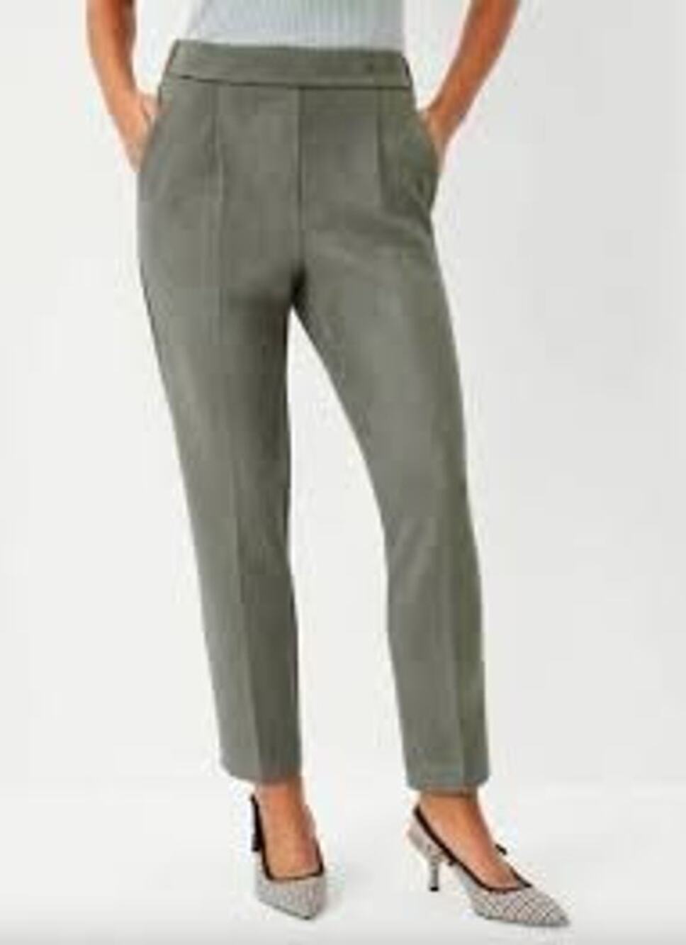 Ann Taylor Faux Suede Pants Elastic Stretch Pull On Pleated Ankle Pants‎ Sage LP